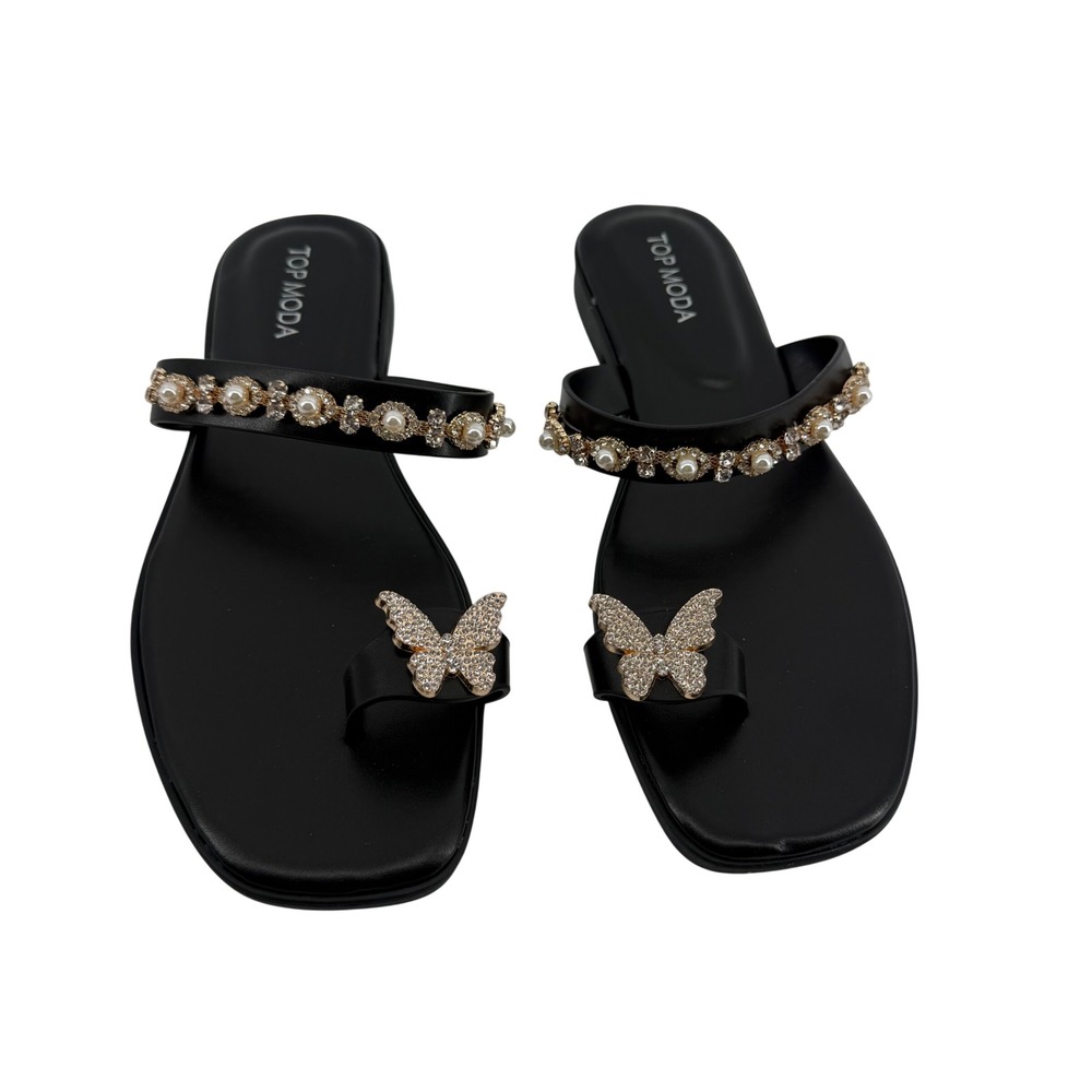 Top Moda Ariel-1 Black Butterfly Rhinestone Pearl Toe Ring Sandals Women 7.5 NEW